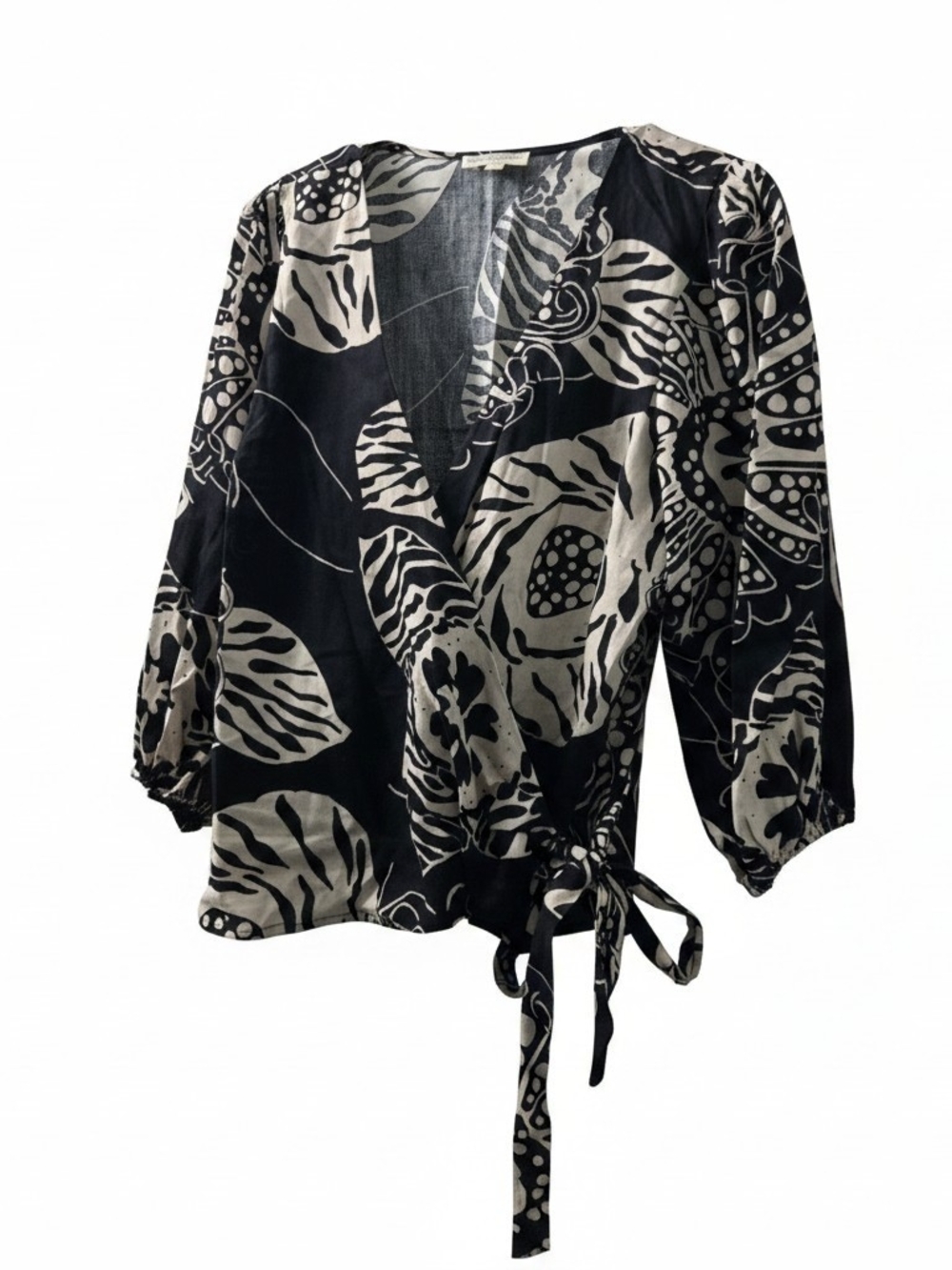 Christian Siriano Black and White Floral Wrap Blouse with Tie
